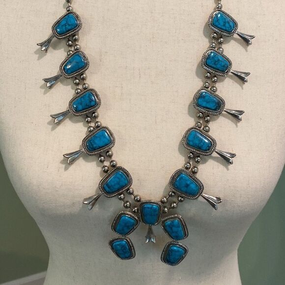 Vintage Goldette Faux Silver Turquoise Necklace - Picture 1 of 8